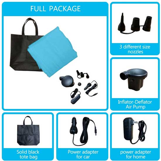 Inflatable Car Mattress Package Includes Air Pump, Nozzles, Carry Bag, Adapters
